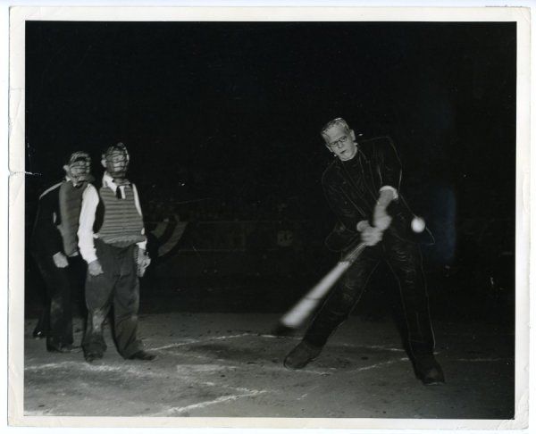 Boris Karloff in his Frankenstein costume playing baseball, with Buster Keaton as the catcher.jpg